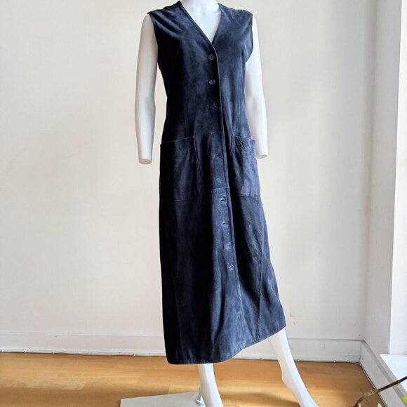 Vintage Jaeger Suede Navy Blue Button Down Midi Dres 6 - Picture 2 of 7